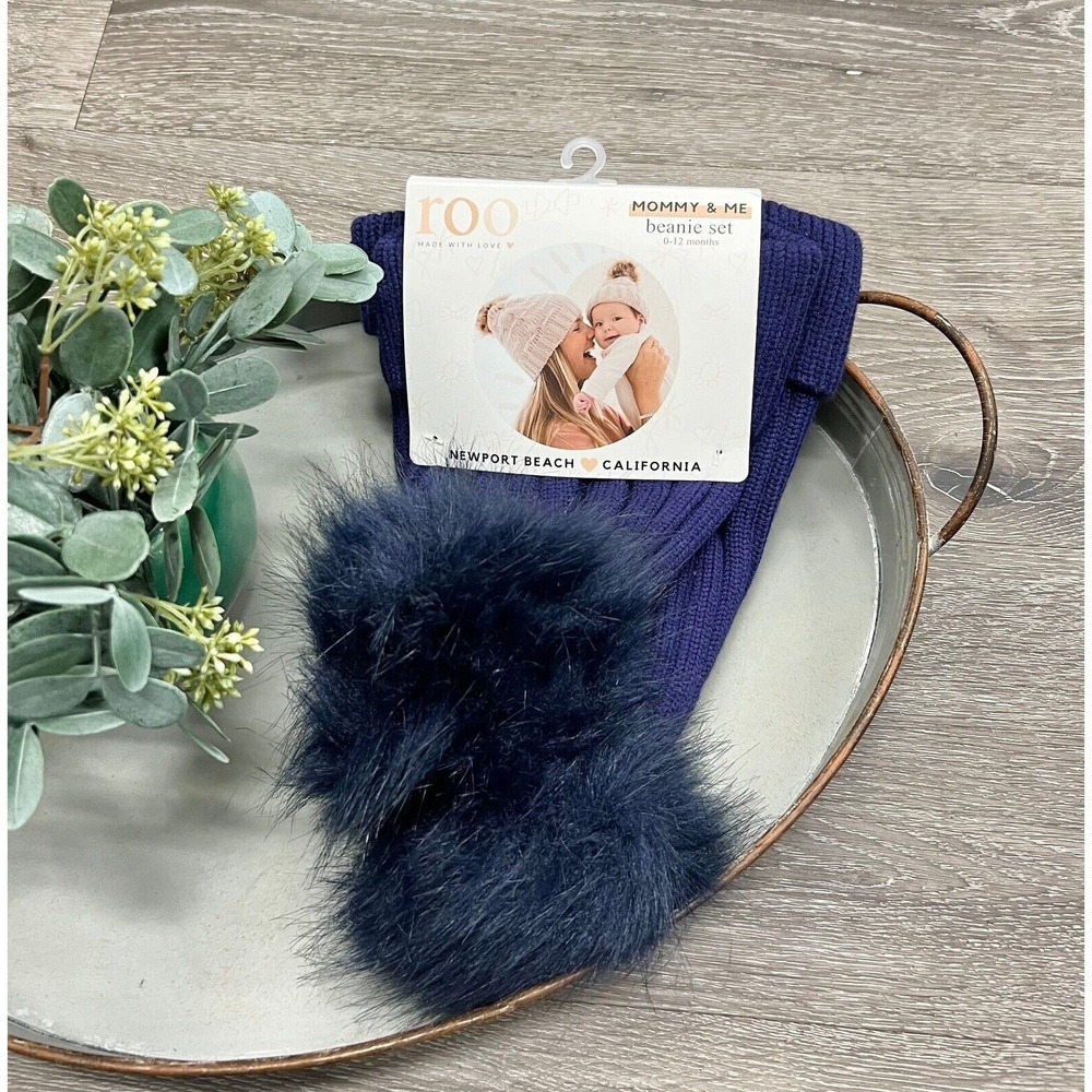 Roo Navy Mommy & Me Beanie Set Pom Winter Hat